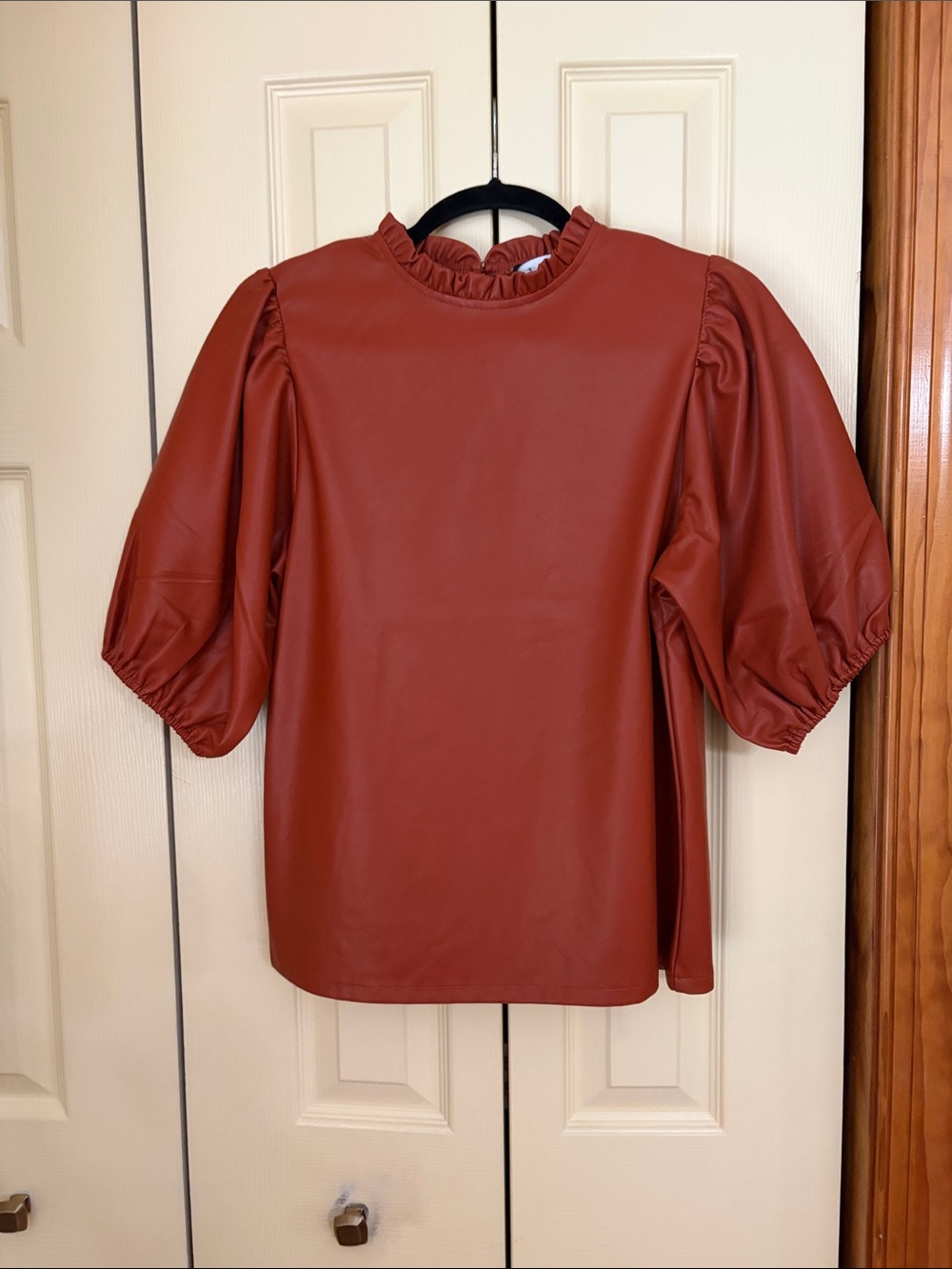 THML Rust Puff-Sleeve Faux Leather Top with Ruffled Neck